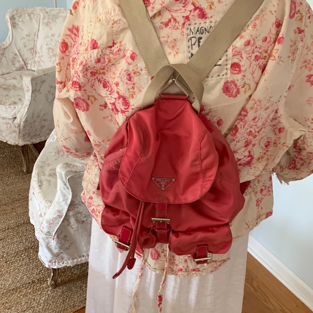 Authentic Prada pink nylon and leather backpack